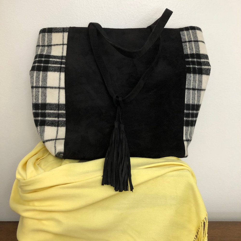 Black and White Faux-Suede Cato Tote Bag